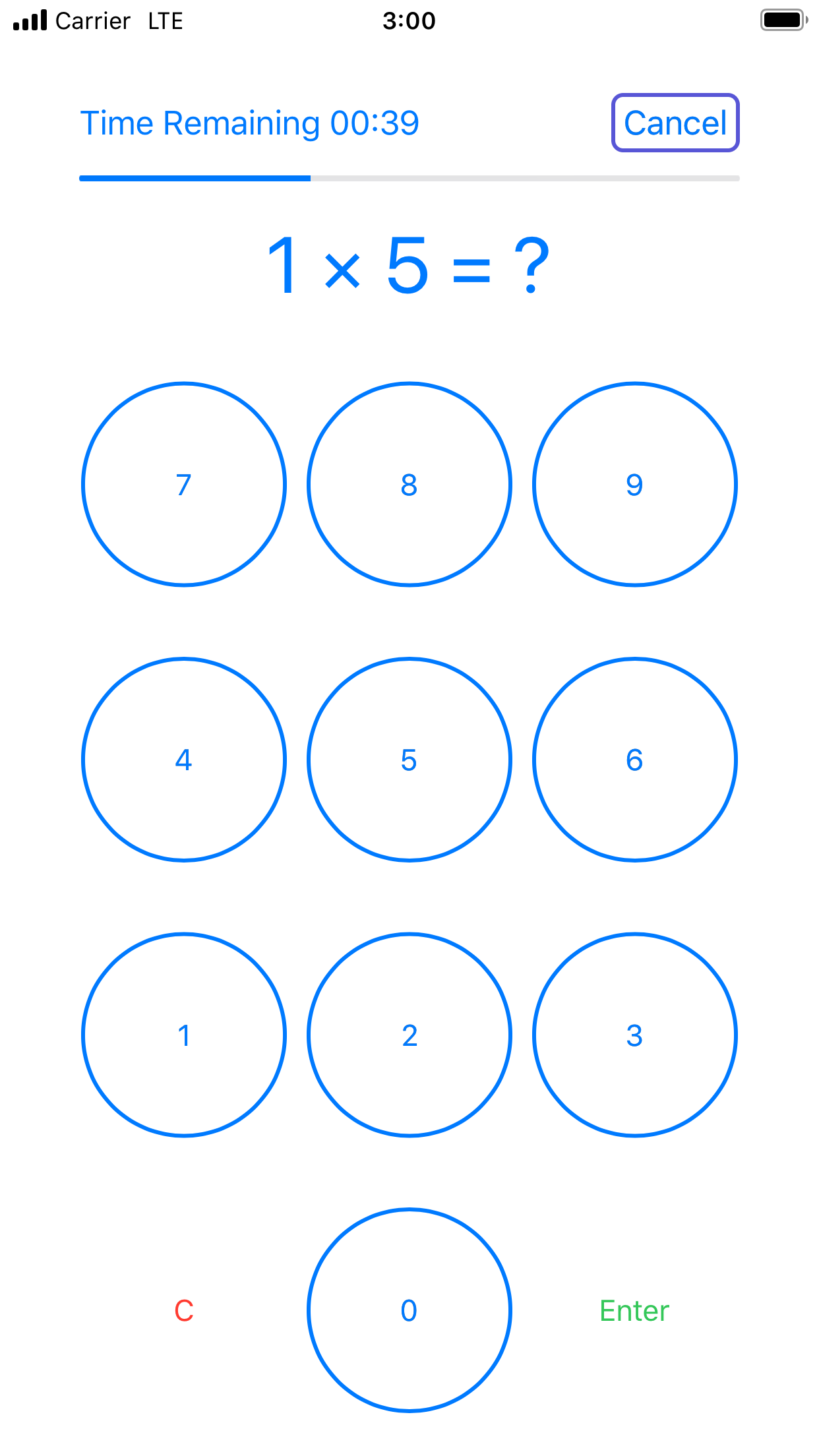 A Math Minute drill in progress showing a multiplication problem above a number pad and a Time Remaining countdown of 39 seconds