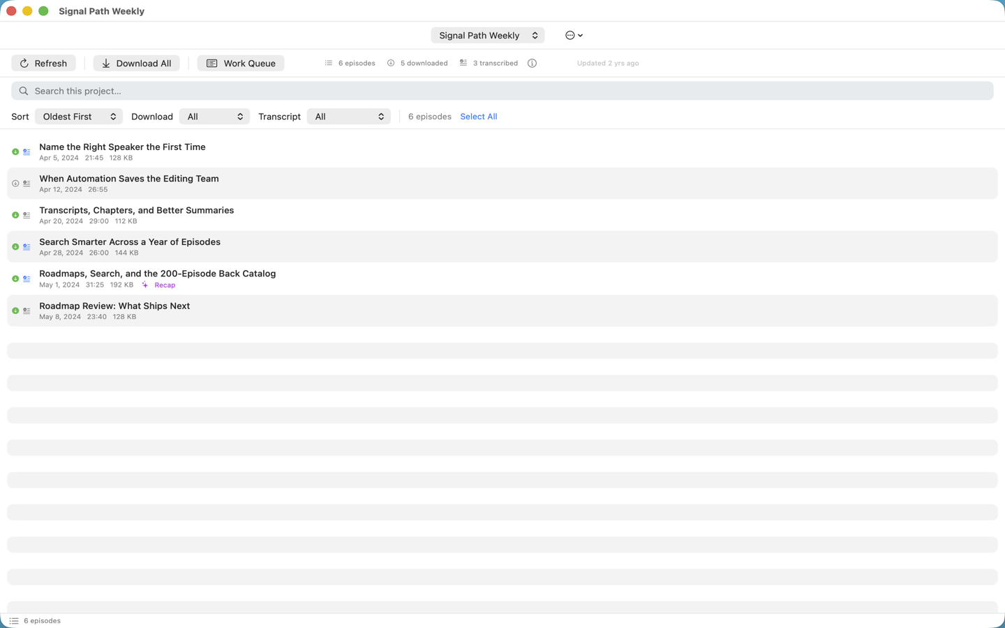 The PodScope project window listing transcribed episodes for a podcast feed