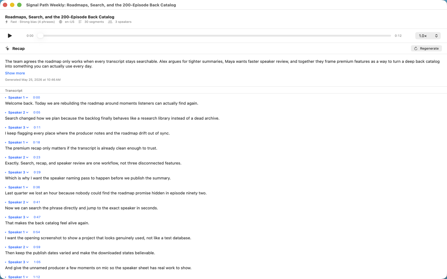 A transcribed episode open in PodScope, showing an AI recap above a timestamped, speaker-labeled transcript with playback controls