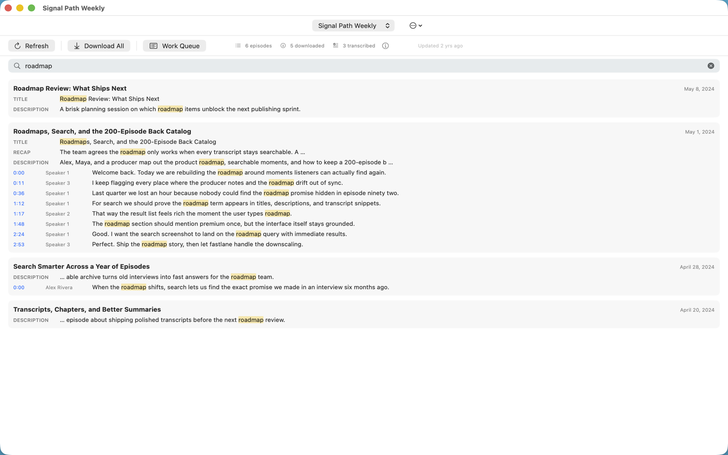 PodScope search results for the query "roadmap", showing matches across episode titles, descriptions, recaps, and individual transcript lines